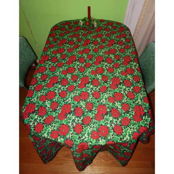 Vintage Red & Green Christmas Poinsettia Tablecloth mcm retro kitsch holiday - Picture 7 of 10